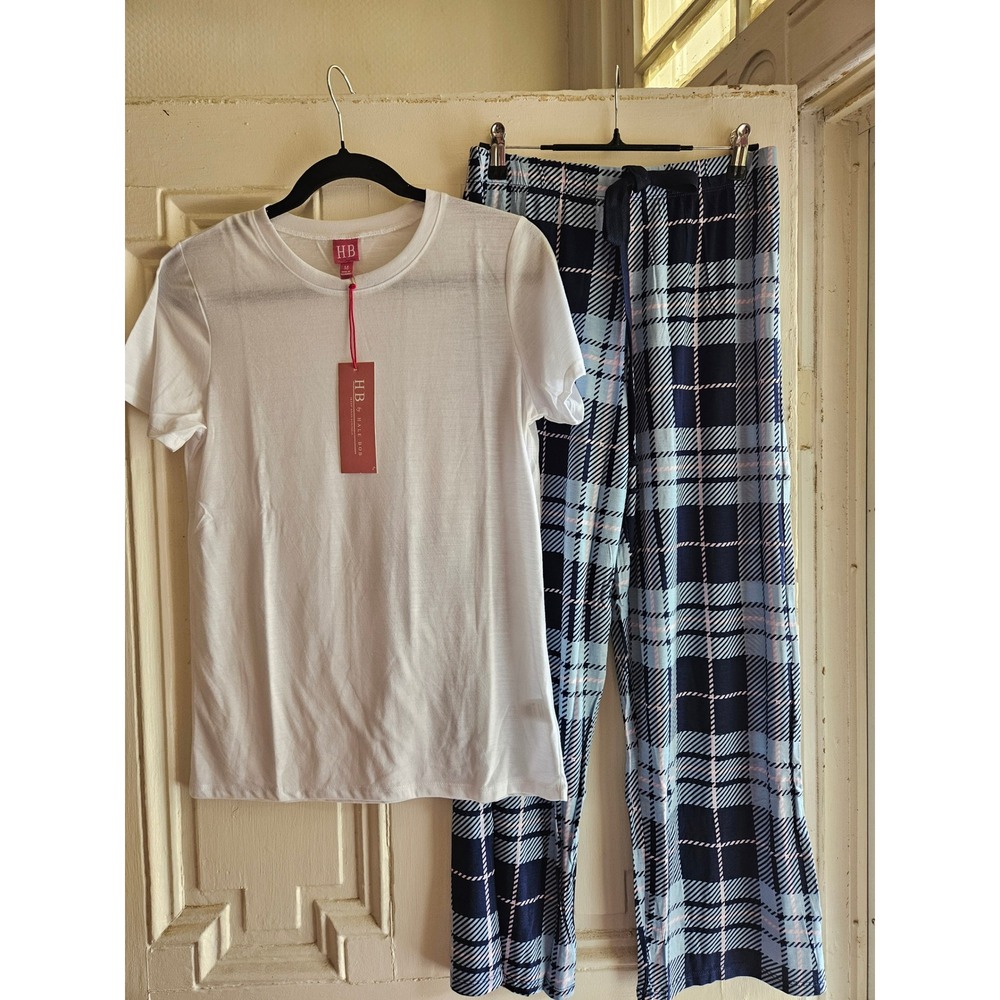 HB by Hale Bob Pajama Set Womens Large White Tee Navy Blue Plaid Pants NWT